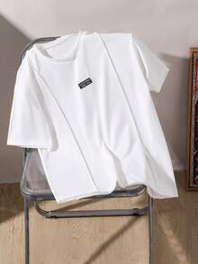 Mirajuku 1件装休闲美式白色纯棉宽松短袖T恤，适合青少年，圆领，字母贴布装饰，轻薄面料，适合春夏日常穿着，简约街头风基础款T恤 - 白色 - 查看 1
