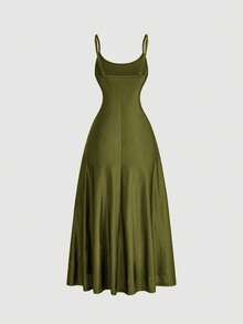 SHEIN MOD Váy suông màu trơn nhún eo xòe viền bèo cỡ lớn cho nữ, váy bán trang trọng, váy tiệc trà thanh lịch, trang phục du ngoạn bồng bềnh cho nữ - xanh quân đội - Xem 4