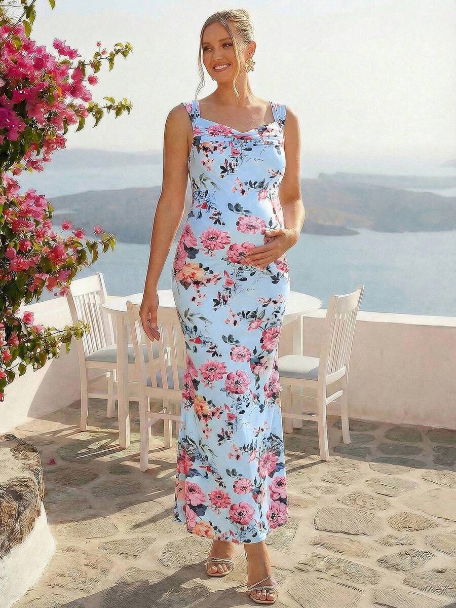Loomaby Maternity Floral Print Romantic Fishtail Hem Dress, Suitable For Summer Vacation - Baby Blue - View 1