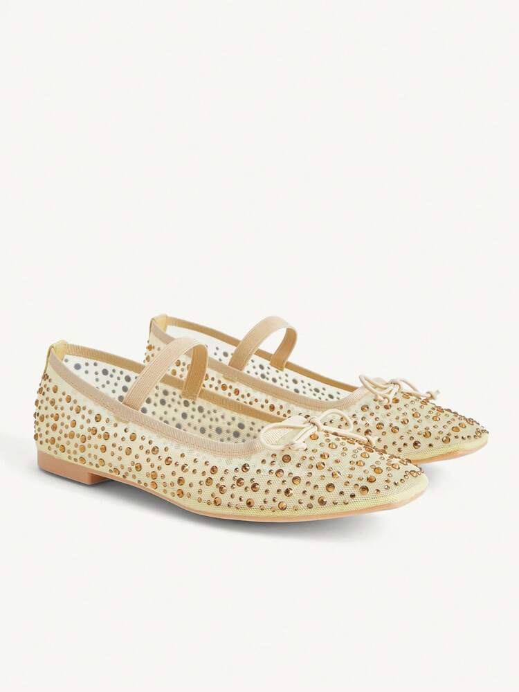 CUCCOO CHICEST Women Shoes Spring And Summer Fashion Light Yellow Full Diamond Mesh Yarn Small Bow Elastic Band Women's Flat Shoes Elegant Comfortable Breathable Cute Sweet Mary Jane Flat Women's Shoes