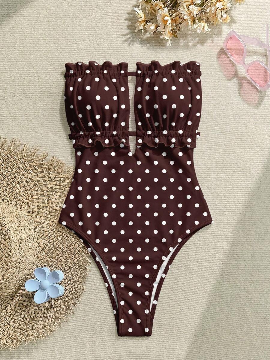 Soleia Retro Style Deep Red & White Polka Dot Allover Print One-Piece Swimsuit, Suitable For Spring/Summer, Vacation, Vintage Style - Multicolor - View 1
