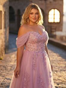 Aureia 大码优雅奢华紫色亮片刺绣网纱露肩泡泡袖贴花设计舞会礼服，适合晚宴、单身派对、约会、舞会、婚礼、度假正式场合（重工刺绣） - 紫色 - 查看 7