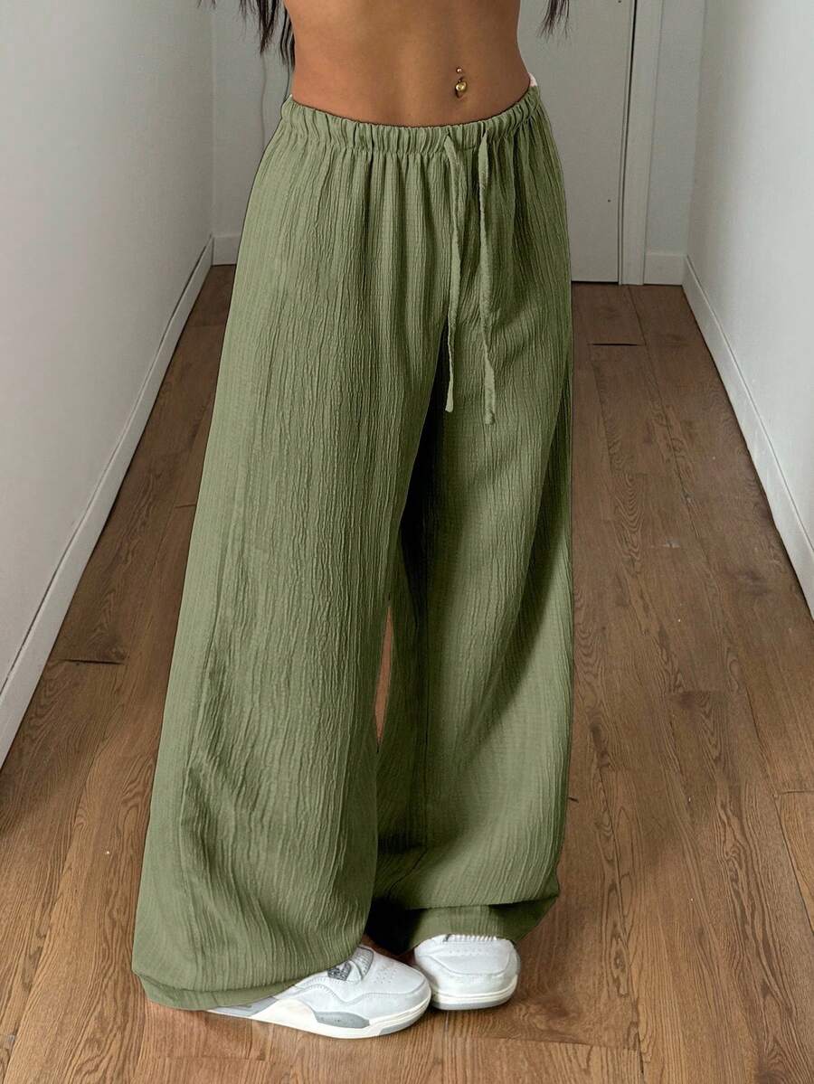 SHEIN PETITE Women's Summer Textured Straight Leg Pants - Mint Green - View 1