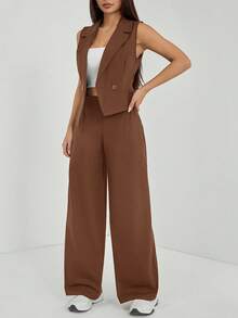 SHEIN PETITE 两件套秋季服装 2件套/组 女士纯色无袖上衣和裤子 秋季服装 - 棕色 - 查看 6