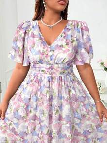 Roveilla Plus Size Elegant Floral Print Dress, Summer - Mauve Purple - View 4