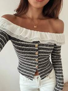 DAZY Women's Black And White Striped Long Sleeve T-Shirt,Autumn Elegant Off-Shoulder Mesh Ruffle Splice Metal Button Textured T-Shirt For Dates,Party - Black and White - View 9