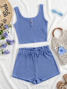 SHEIN Teen Girl Button Front Tank Top & Paperbag Waist Shorts Set,Summer Clothes - Blue - View 1