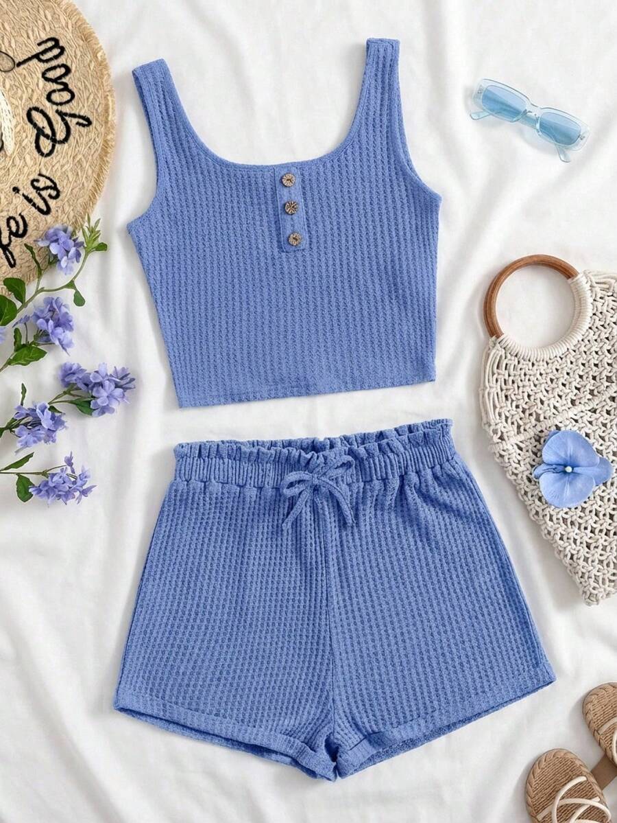 SHEIN Teen Girl Button Front Tank Top & Paperbag Waist Shorts Set,Summer Clothes - Blue - View 1