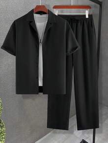 Manfinity Homme 大尺碼男士純色領襯衫 + 抽繩鬆緊腰長褲套裝，男士休閒西裝，正式 - 黑色 - 查看 5