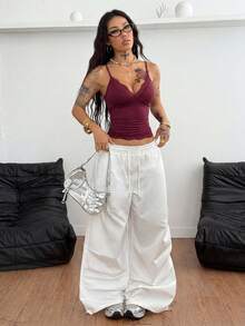 Coolane Áo tank top nữ mùa hè dễ thương, mặc hàng ngày, phối ren tương phản và nơ, dáng ôm, màu xanh dương. - Màu Đỏ Sâu - Xem 6