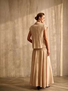 MOTF PREMIUM WOMEN'S STRIPED CASUAL SHIRT WITH WAIST BELT AND A-LINE SKIRT 2 PIECES SET, SPRING/SUMMER - Khaki - View 3