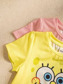 SpongeBob SquarePants | SHEIN 女婴图案圆领休闲连体衣 - 彩色 - 查看 3