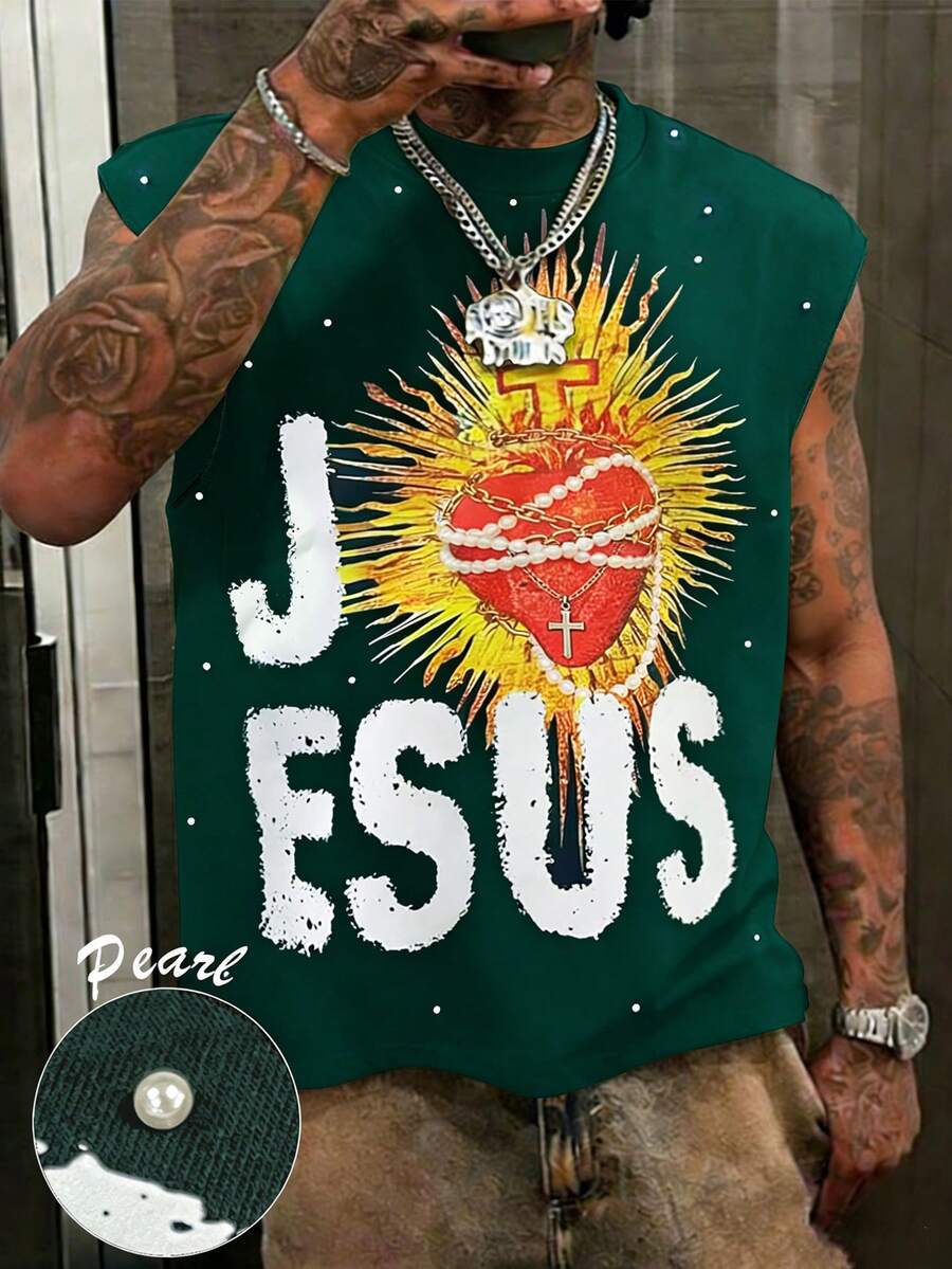 Manfinity Dauomo Mens Green Sleeveless Jesus Sacred Heart Graphic Print Tank Top With Pearl Embellishments - Green - View 1