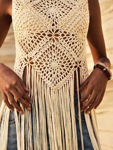 Maija Women's Hollow Out Design Fringed Hem Sleeveless Knit Top, Suitable For Vacation - Apricot - View 5