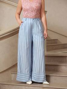 VOLUPTÉ CURVE Pantalon ample grande taille printemps/été, seulement pantalon décontracté minimaliste à rayures verticales bleu clair taille haute ample patchwork, convient pour le travail et le port quotidien - Bleu azur - Voir 4