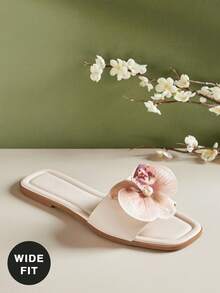 SHUZIA #Wide Fit ResortEdit Women's Orchid Floral-Decor Square Toe Nude Slide Sandals – Tropical, Chic & Vacation-Ready - Beige - View 7