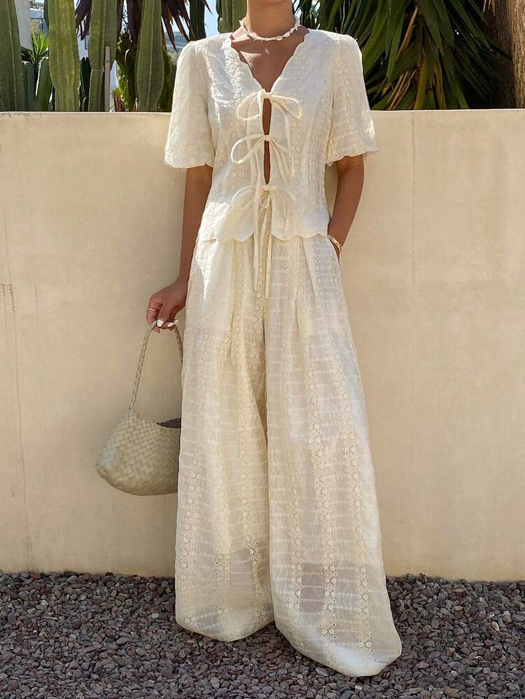 Women's Summer Loose Casual Vacation Style Bow Tie Blouse And Straight Leg Pants 2-Piece Set