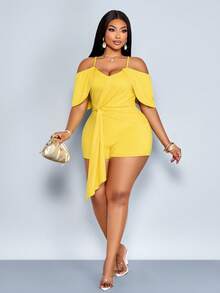 SOLERSUN 大码女装时尚纯色弹力面料修身性感露肩单肩细肩带扭结短裤连体裤，优雅奢华的连体裤，适合日常通勤和度假，休闲裤，圣帕特里克节，复活节，音乐节，四叶草，街头风格，海滩度假，野餐，日常通勤时尚百搭，端庄，波西米亚风格，端庄，飘逸。 - 黃色 - 查看 2