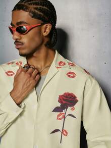 PAVTROS Men's Front Button Rose Lip Print Casual Shirt, Valentine's Day Long Sleeve - Beige - View 5