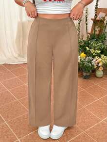 SHEIN EZwear Quần dài ống đứng đơn giản, màu trơn dành cho nữ cỡ lớn - Màu Khaki - Xem 6