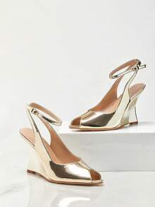 SHUZIA Sandalias de cuña con tira de tobillo y punta abierta para mujer - Dorado - Ver 8