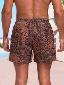 Manfinity KASUA Shorts de playa con estampado de leopardo, cintura con cordón y bolsillos para hombre, vacaciones - Marrón - Ver 2