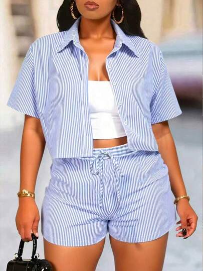 Maweii Plus Size Women Striped Short Sleeve Shirt And Shorts Casual 2 Pieces Set
