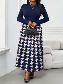 SHEIN Lady Đầm dài tay cổ tròn phối họa tiết kẻ caro dành cho nữ cỡ lớn, kiểu dáng thanh lịch. - Màu xanh hải quân - Xem 6