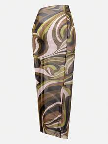 Swim Oasis 女士印花连体泳衣，配同款罩裙，度假必备 - 黑色 - 查看 3