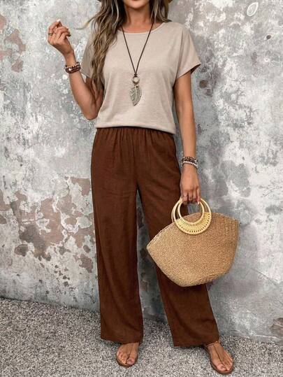 EMERY ROSE Conjunto de 2 piezas de camisa y pantalones casuales de vacaciones para mujer