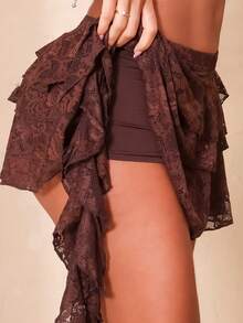 Hariany Almeida Low Waist Vacation Style Casual Sexy White Lace Ruffle Hem Mini Skirt With Safety Shorts To Prevent Upskirt - Brown - View 6