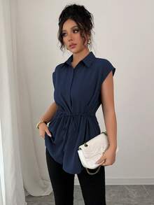 Elenzga Women's Solid Color Casual Vacation Style Shirt Collar Button Down Waist Drawstring A-Line Dropped Shoulder Blouse Top - Navy Blue - View 6