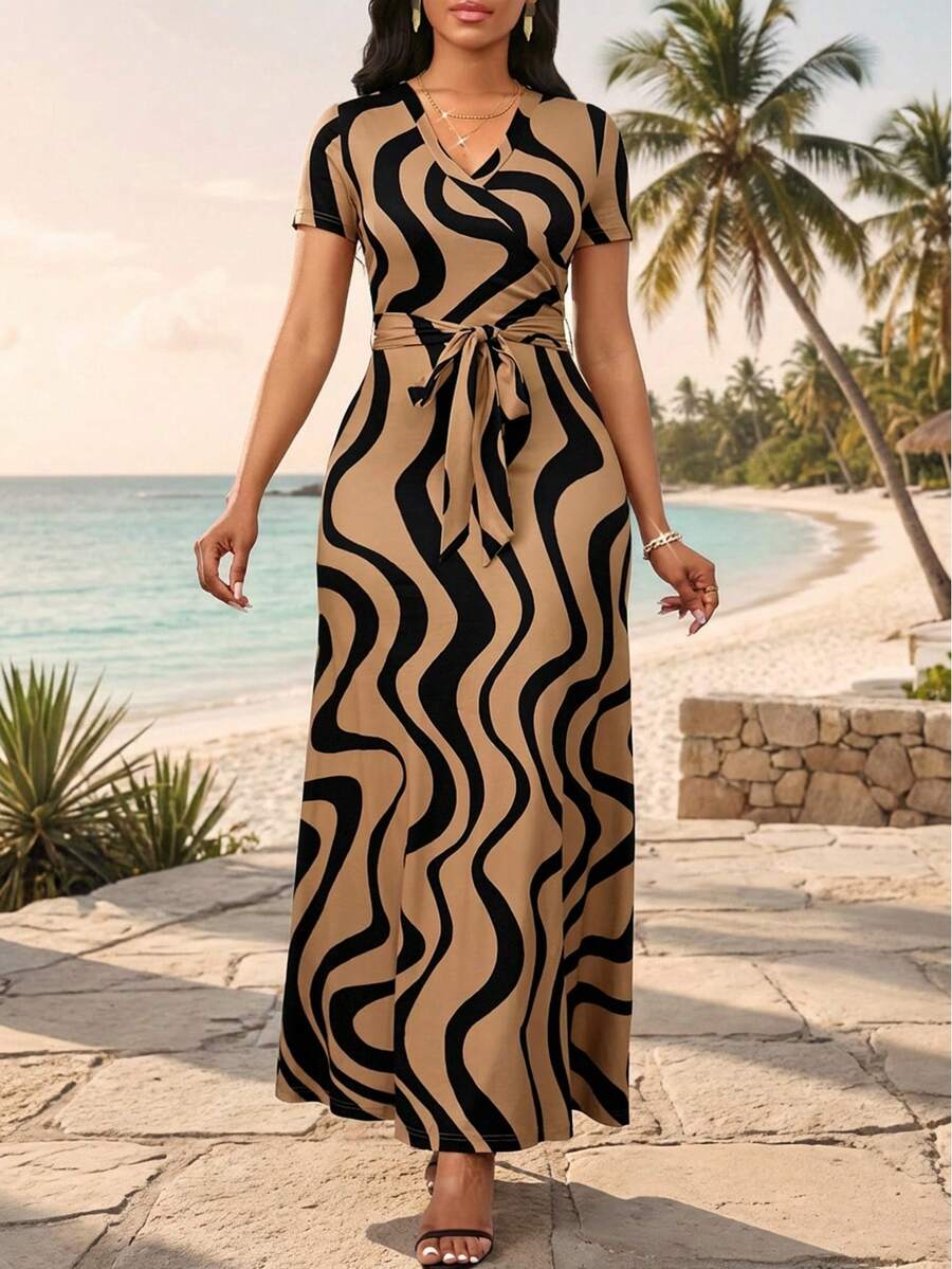 SHEIN Lady Plus Size Women's Wavy Striped V-Neck Short Sleeve Tie Waist Elegant Dress Gold And Black Dress Women Gold Maxi Dress Maxi Dress Casual Dress For Church Woman Cruise Dinner Dress Beach Dresses For Women Vacation Maxi Dress For Beach Long Casual Dresses For Women Cover Up For Swimsuit Long Dres