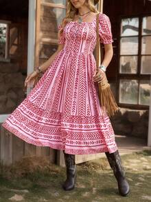 SHEIN LilyWest Đầm nữ thời trang đi nghỉ mát, họa tiết hình học, viền bèo nhún. - Hồng - Xem 6