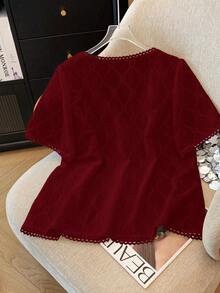 SHEIN LUNE Plus Size Elegant Jacquard Knit Lace Trim Casual Commuter Jacket & Pants Set, Suitable For Party, Afternoon Tea, Spring & Summer - Burgundy - View 2