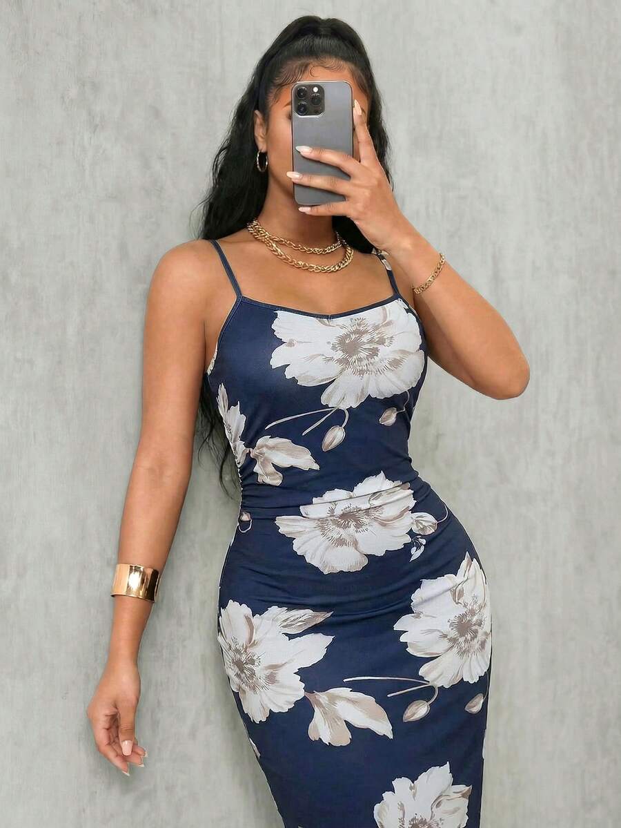 Eryvara Đầm slip cổ chữ V in họa tiết lưới thời trang mới về - Nhiều màu - Xem 1