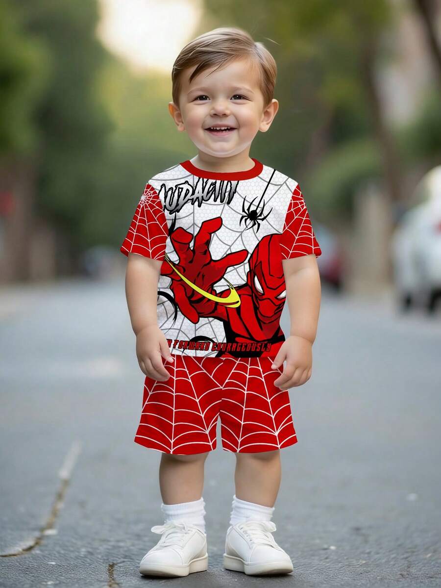 SHEIN Baby Boy Casual Minimalist T-Shirt Set Suitable For Summer, Classic Spider Hero Graphic Print, Cool Spider, Spider Web Pattern Print - Multicolor - View 1