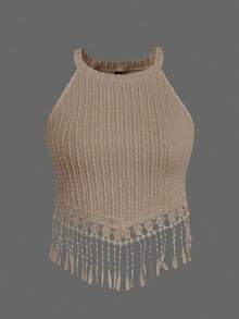 Sweetra Plus Size Women Strapless Tassel Cropped Camisole - Khaki - View 1