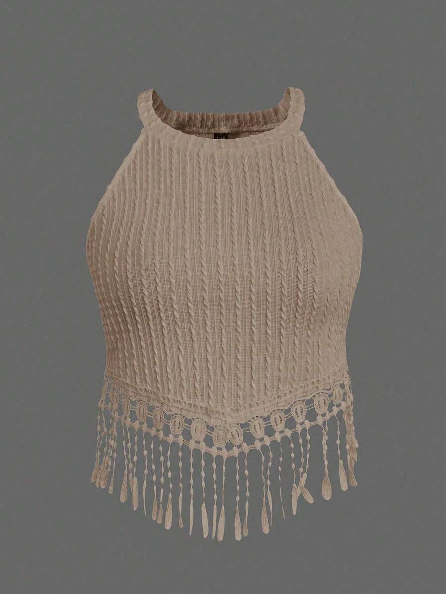 Sweetra Áo hai dây lửng không dây tua rua dành cho nữ cỡ lớn - Màu Khaki - Xem 1