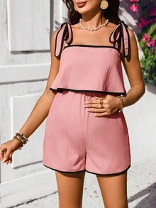 SHEIN 孕妇度假露肩打结休闲连体裤 - 粉色 - 查看 3
