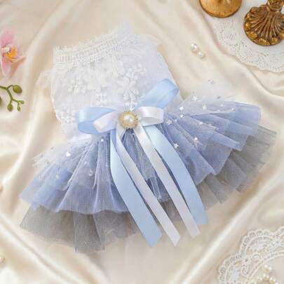 PETSIN 1件宠物服装优雅蕾丝网纱公主裙珍珠蝴蝶结装饰小型犬猫婚礼派对礼服，猫狗通用服装