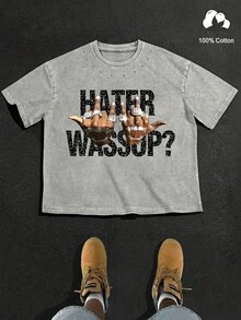 Manfinity EMRG 男士灰色复古街头风水钻手势印花T恤，休闲百搭，适合夏季音乐会、音乐节、派对、度假等场合。 - 灰色 - 查看 1