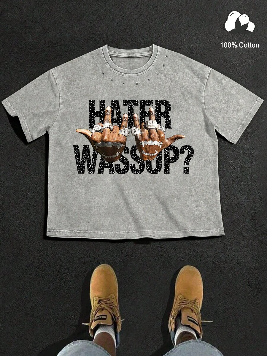 Manfinity EMRG 男士灰色复古街头风水钻手势印花T恤，休闲百搭，适合夏季音乐会、音乐节、派对、度假等场合。 - 灰色 - 查看 1