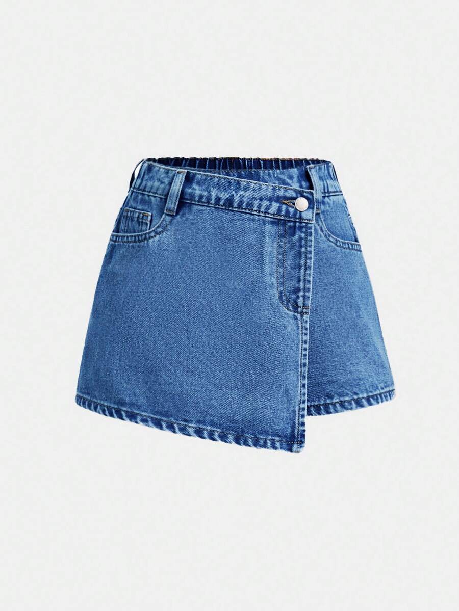 SHEIN Tween Girl Summer Boho Stonewashed Asymmetrical Hem Wrapped Denim Mini Skort - Medium Wash - View 1