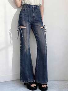 FRIFUL Women's Casual Washed Hollow Lace-Up Flare Leg Jeans - Blue - View 6
