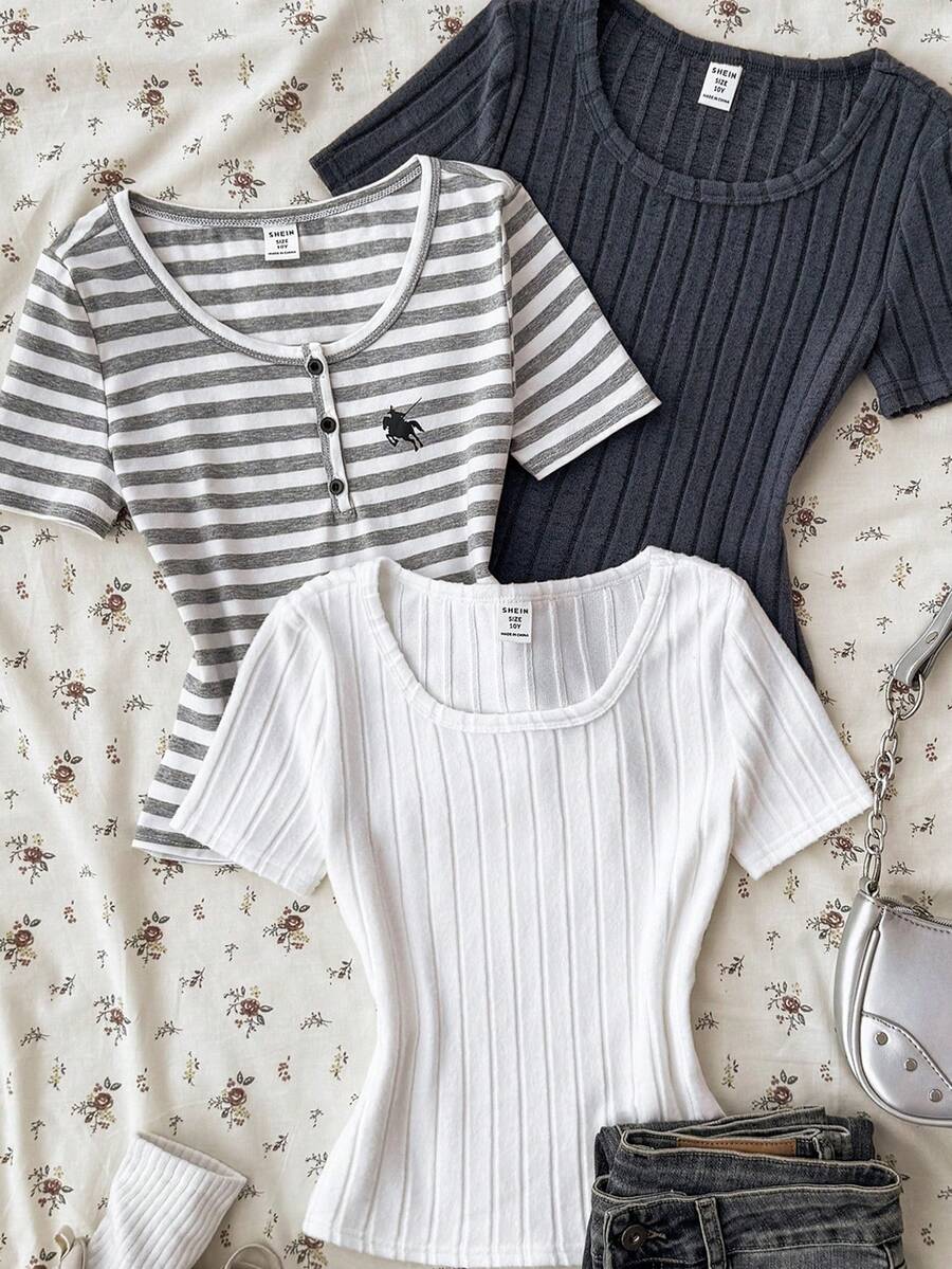 3件套少女夏季休闲针织短袖T恤 - 彩色 - 查看 1