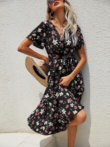 SHEIN Clasi 荷叶袖系带连衣裙长款女装 - 黑色 - 查看 3