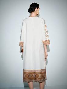 Lumivelle Đầm nữ tay lửng 3/4 thắt nơ phía trước, họa tiết hoa, kiểu dáng đi nghỉ mát. - Màu be - Xem 2