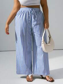Hourglow Plus Size Casual Striped Drawstring Loose Pants Vacation Pants Woman Women Bottoms Summer Pants, For Hourglass Body Shape - Multicolor - View 11