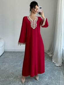 Al Najma Women's Embroidered Floral Arabic Style Maxi Abaya,Elegant Wedding Guest Formal Loose Kaftan - Red - View 4